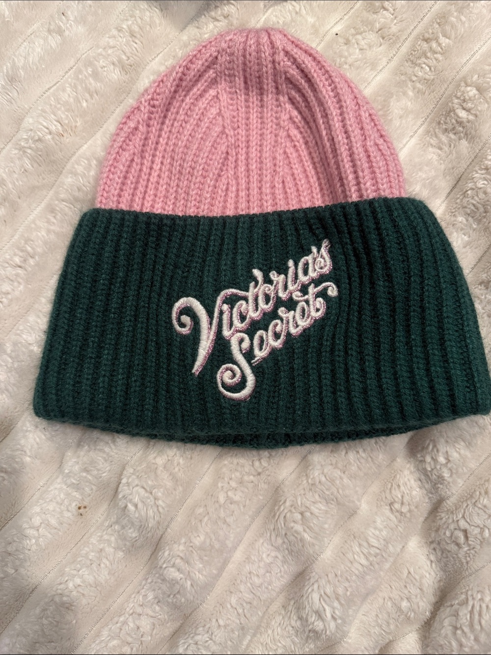 Victoria's Secret Pink and Green Ribbed Cuffed Beanie